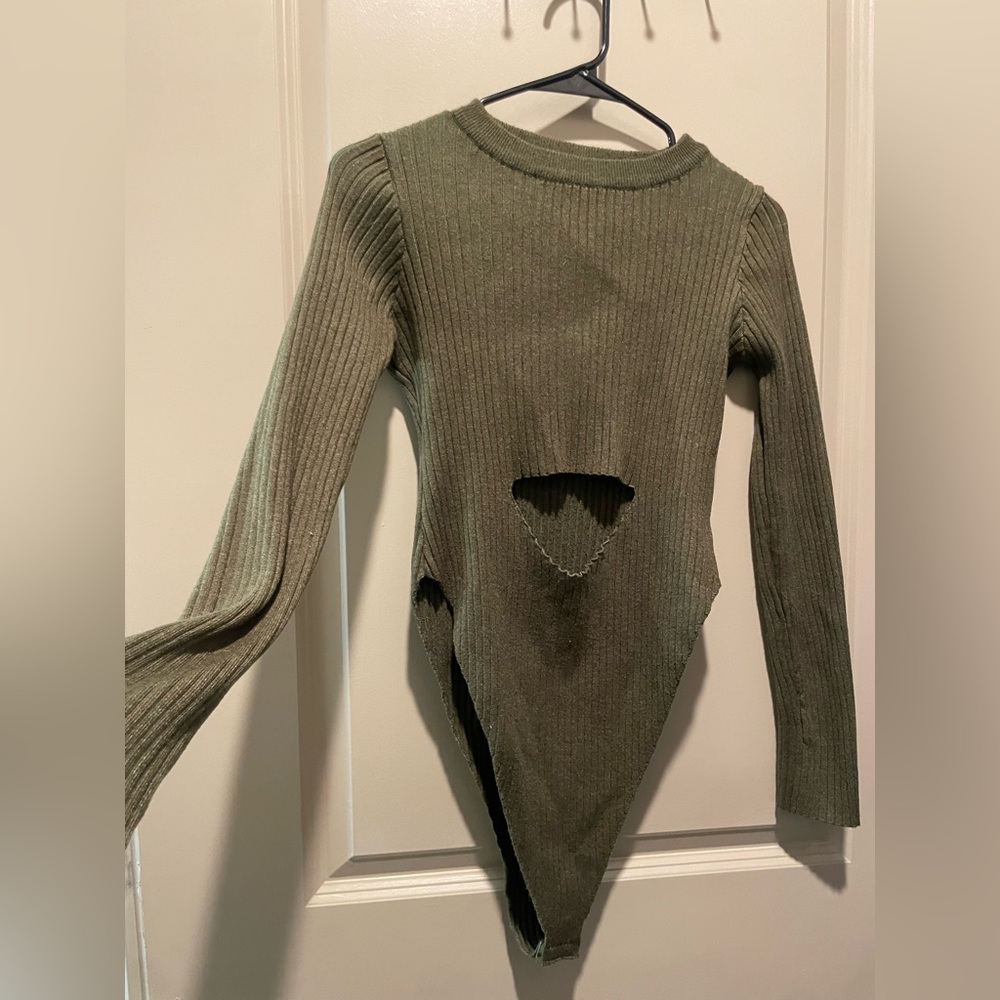 Fashion Nova Olive Green Ribbed Sweater Bodysuit